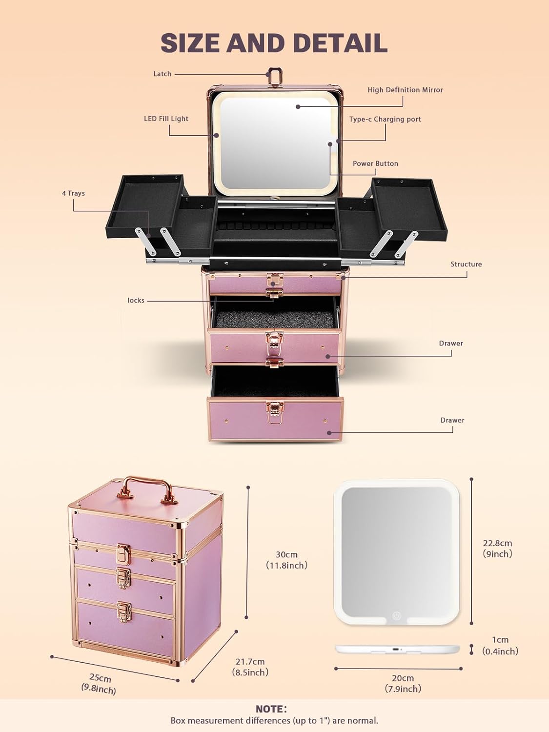 LED travel makeup box with double drawers and four trays with lighted mirror