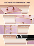 LED travel makeup box with double drawers and four trays, features handle, metal corners, rebound lock, and sliding trays