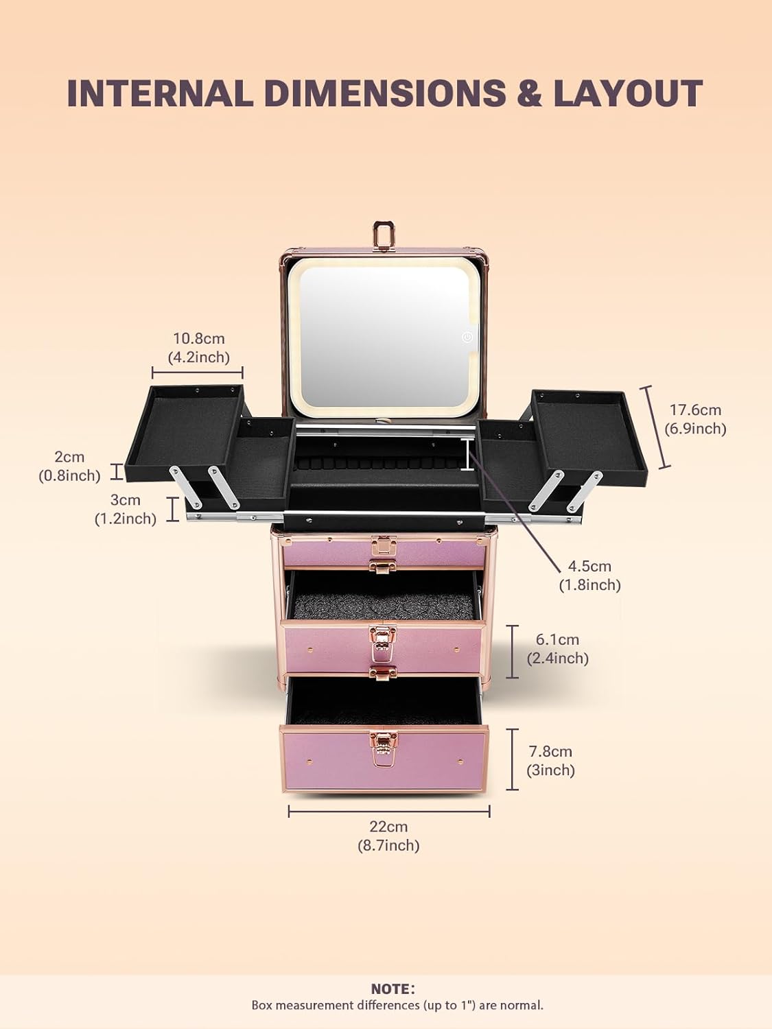 LED travel makeup box with double drawers and four trays, internal dimensions and layout