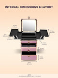 LED travel makeup box with double drawers and four trays, internal dimensions and layout