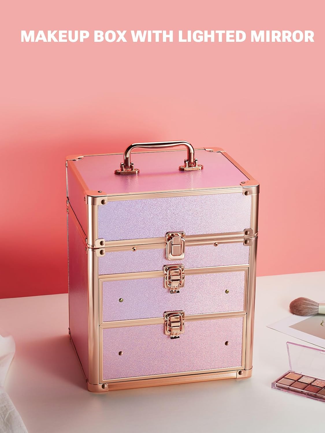 travel makeup box with double drawers and four trays, lighted mirror