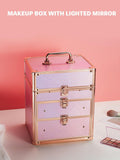 travel makeup box with double drawers and four trays, lighted mirror