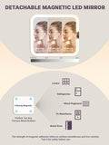 Detachable magnetic LED mirror with woman's reflection and features listed below.