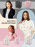 Collage of women with makeup boxes in various colors and designs.