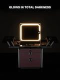 travel makeup box with double drawers and four trays, lighted mirror in dark room