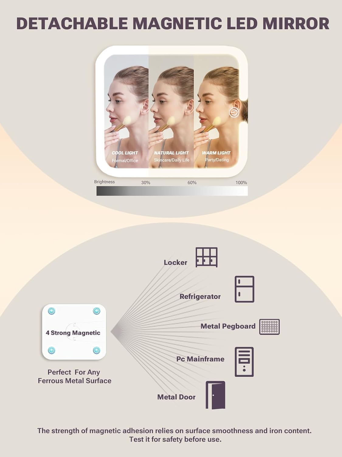 Detachable magnetic LED mirror with woman's reflection and features listed below.