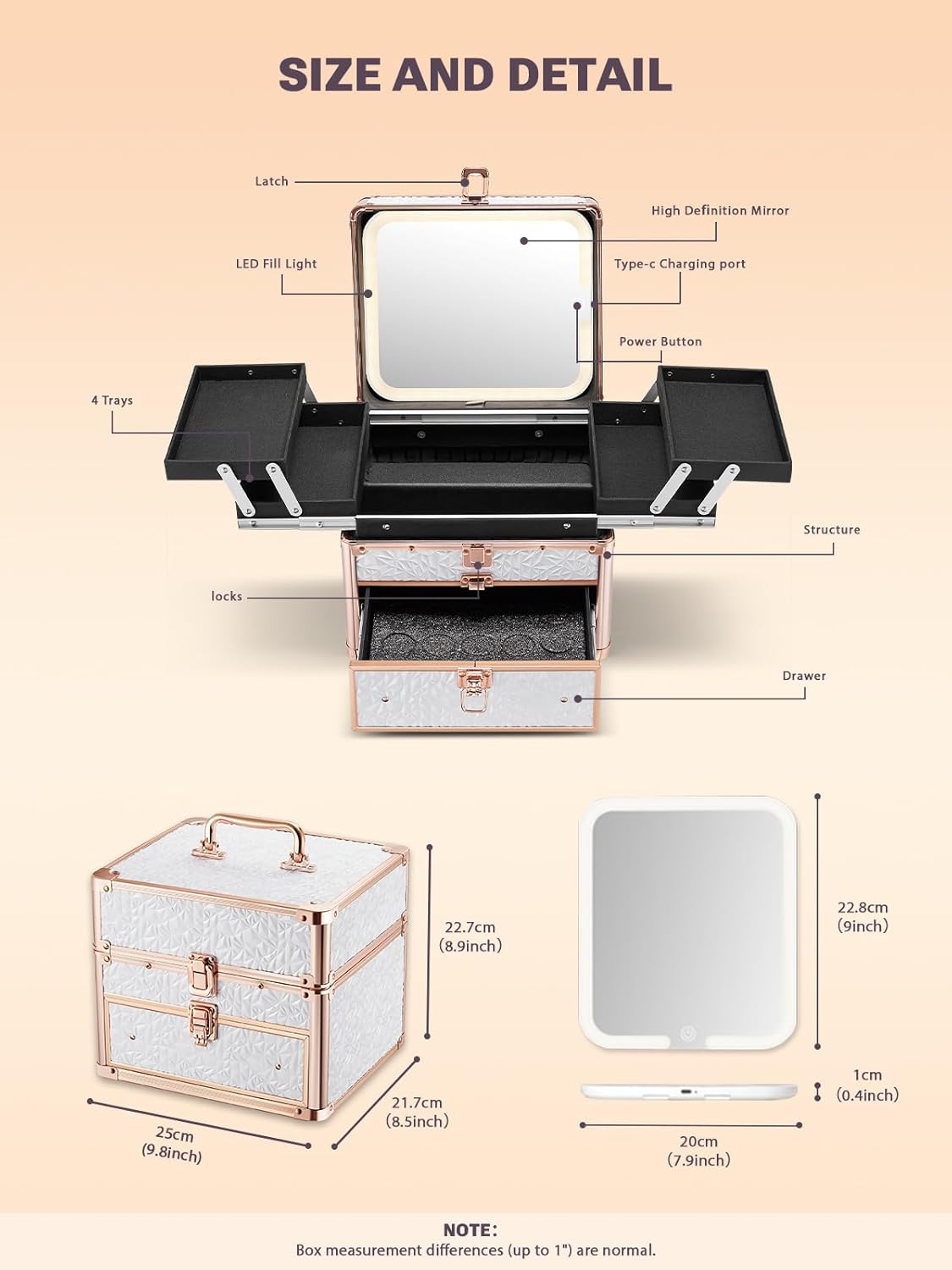 Detailed diagram of a makeup box with labeled features and dimensions on a beige background.