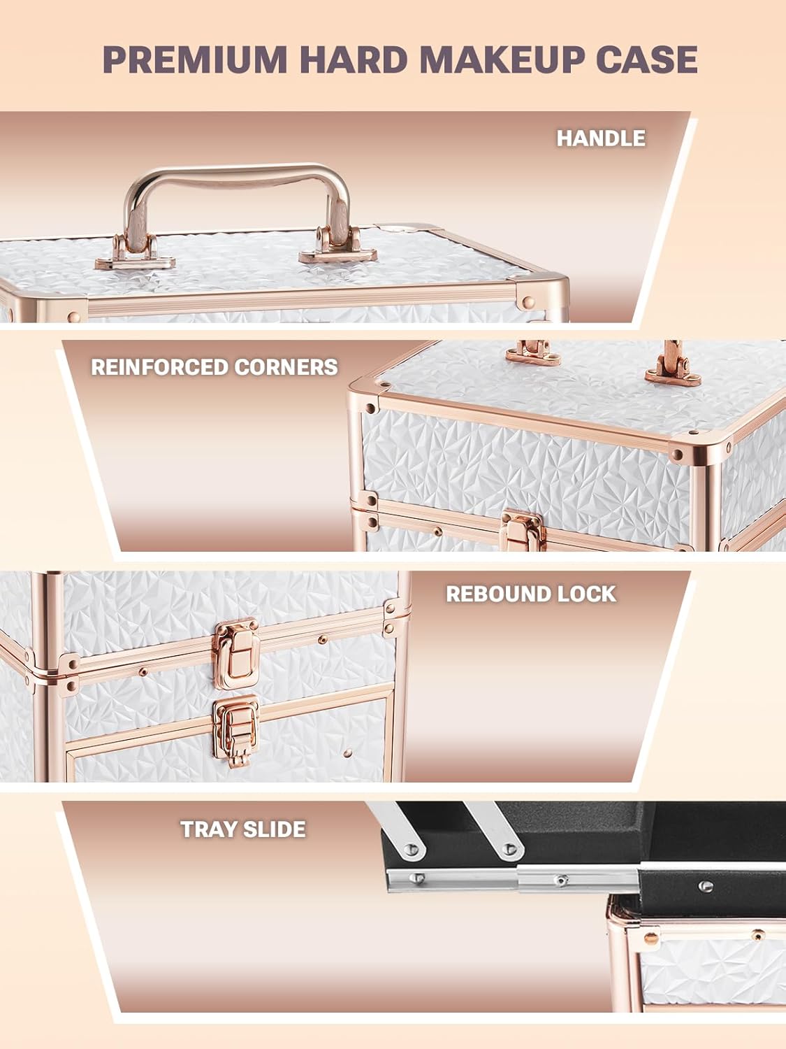 Premium hard makeup case with handle, reinforced corners, rebound lock, and tray slide on a beige background.