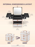 Measurement chart of a makeup storage case with dimensions and layout details on a beige background.