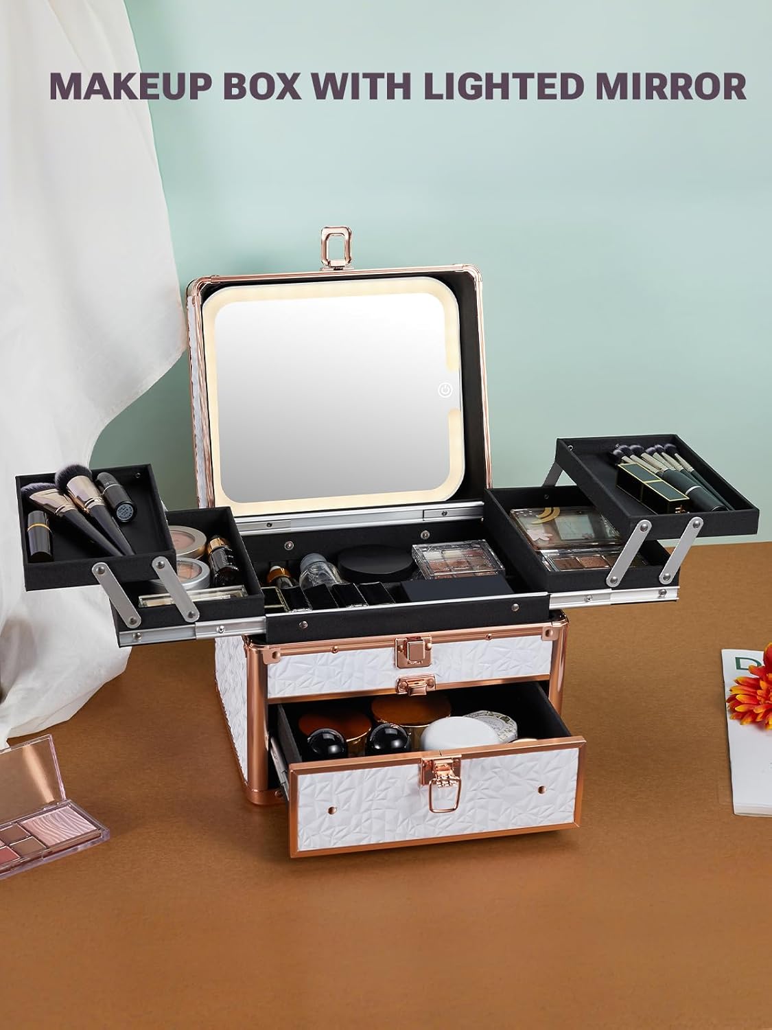 Makeup box with lighted mirror on a brown surface with a light green background
