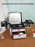 Makeup box with lighted mirror on a brown surface with a light green background