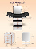 white makeup box with compartments and mirror, labeled with dimensions and features on a beige background.