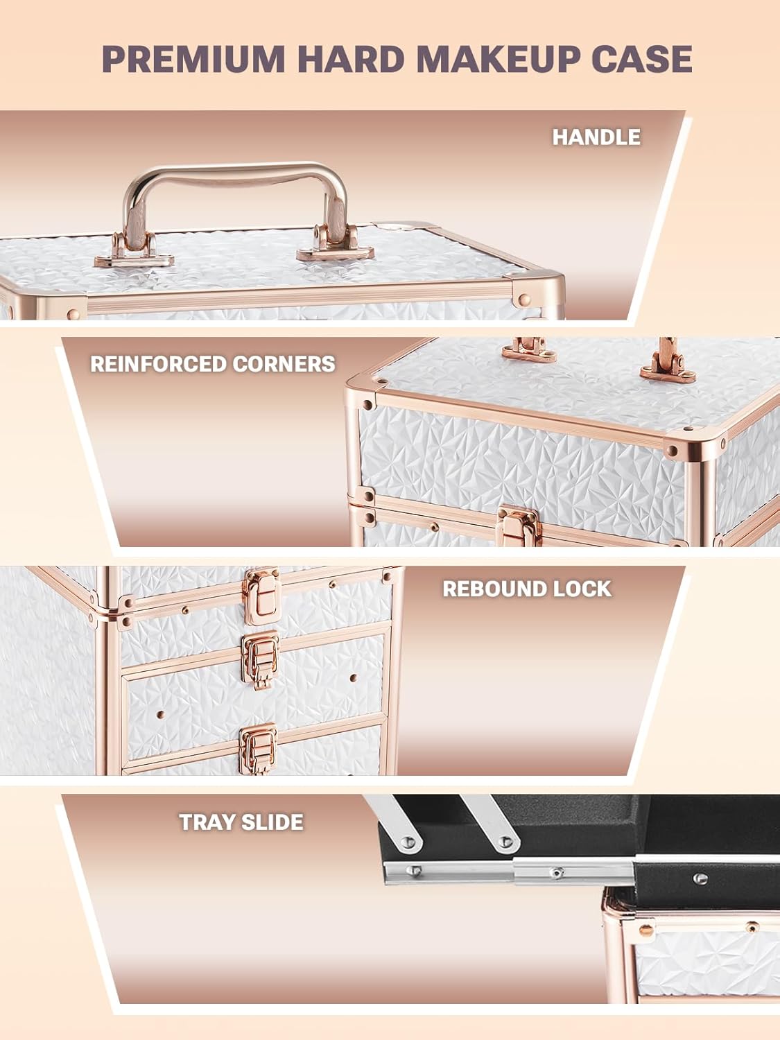 Premium hard makeup case with features highlighted on a beige background