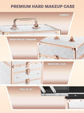 Premium hard makeup case with features highlighted on a beige background