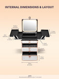 Measurement chart of a makeup box with dimensions labeled on a beige background
