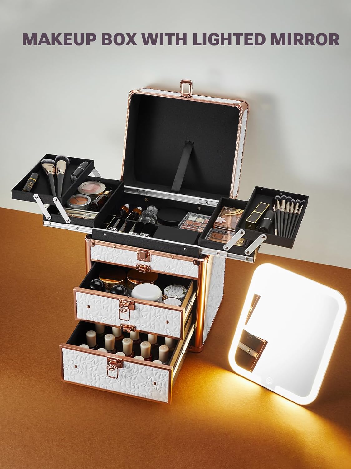 Makeup box with lighted mirror and various cosmetic items on a neutral background
