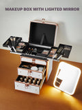 Makeup box with lighted mirror and various cosmetic items on a neutral background
