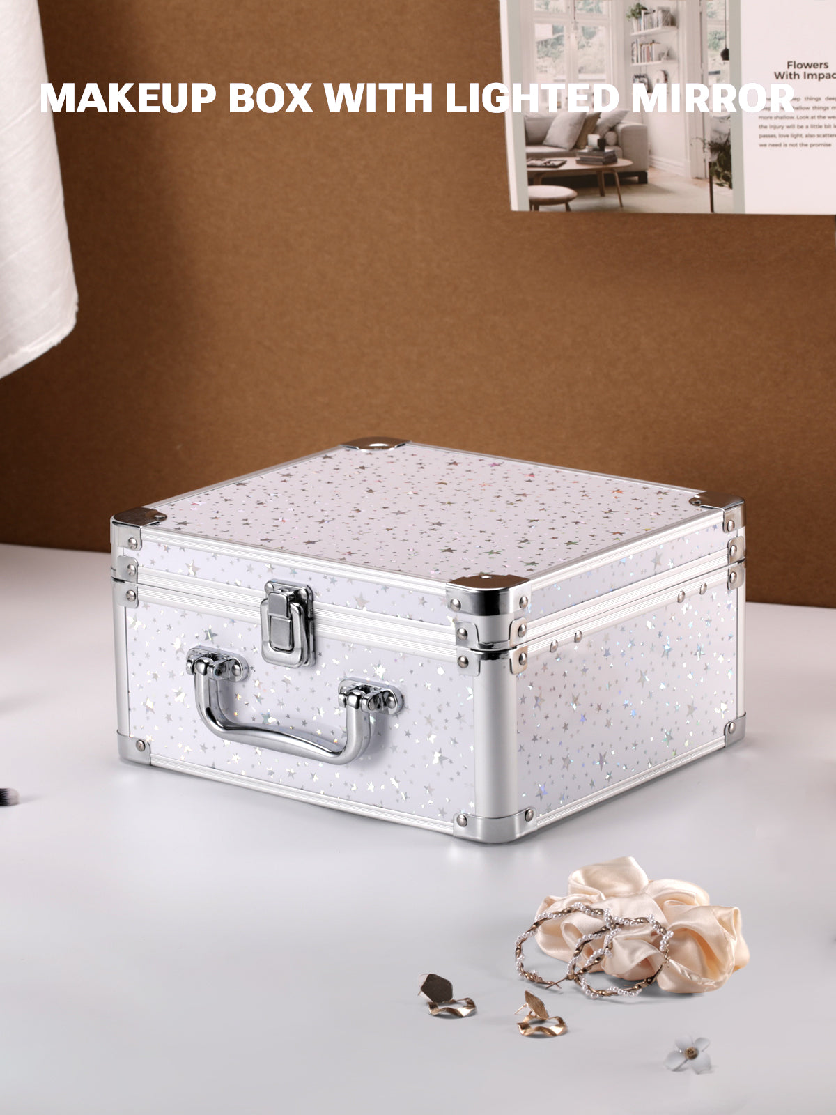 starry white makeup box on a white surface and brown background