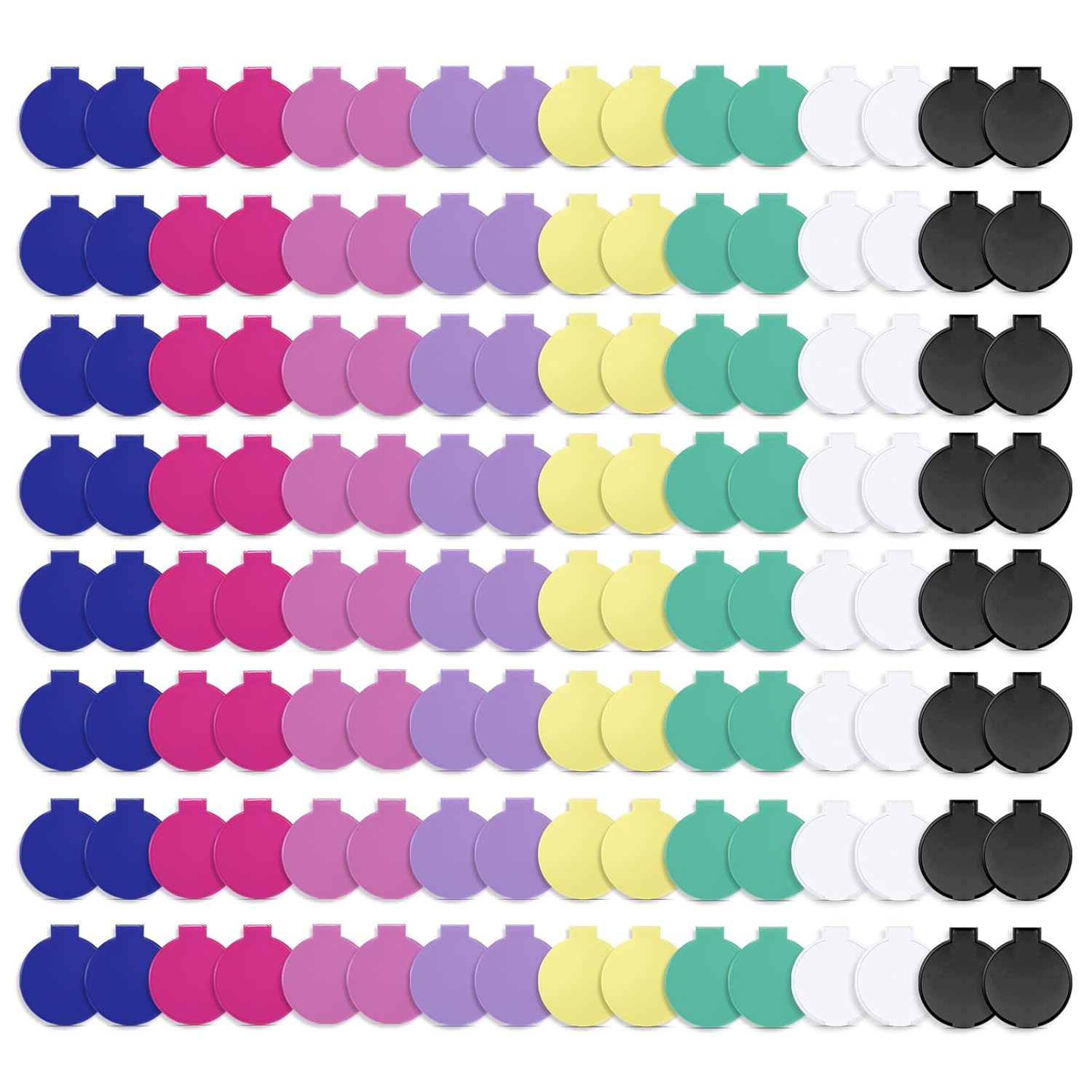 A set of various colored, round compact mirrors designed to be portable