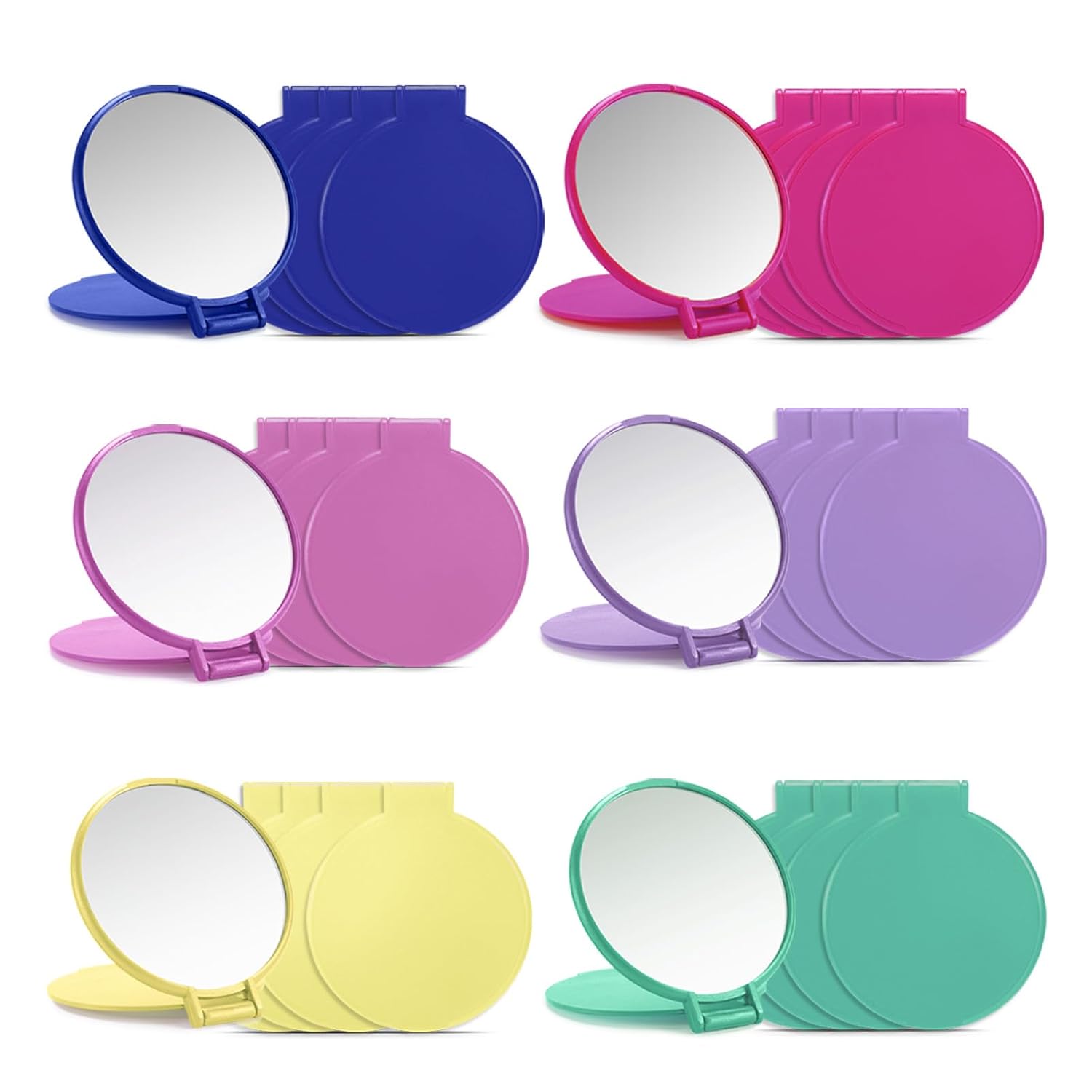 A set of various colored, round compact mirrors designed to be portable, with an additional small mirror for scale reference.