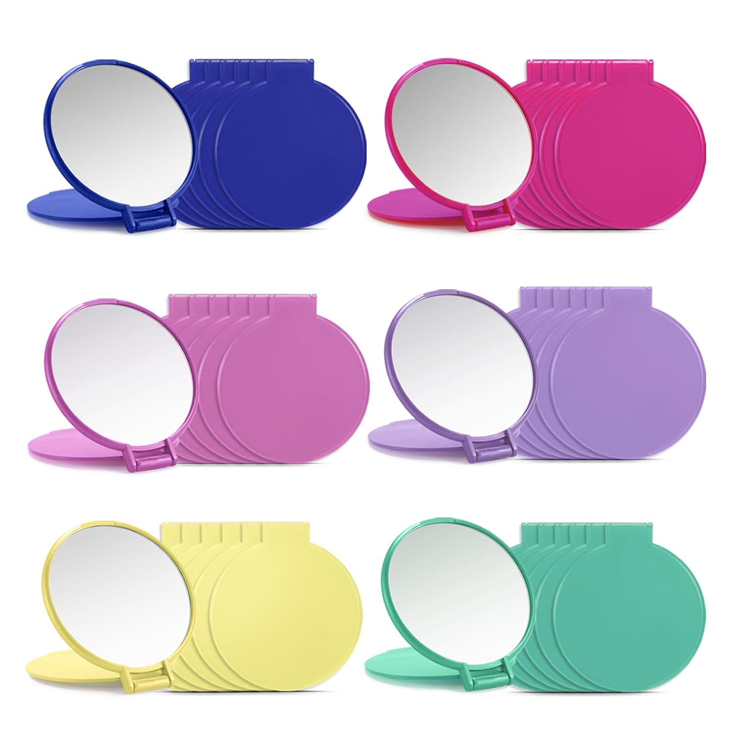 A set of various colored, round compact mirrors designed to be portable, with an additional small mirror for scale reference.