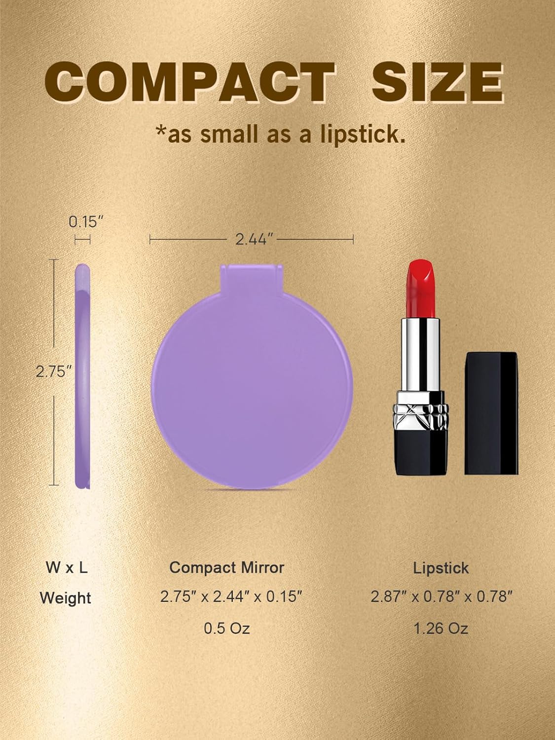 purple compact mirror compared to a red lipstick's size