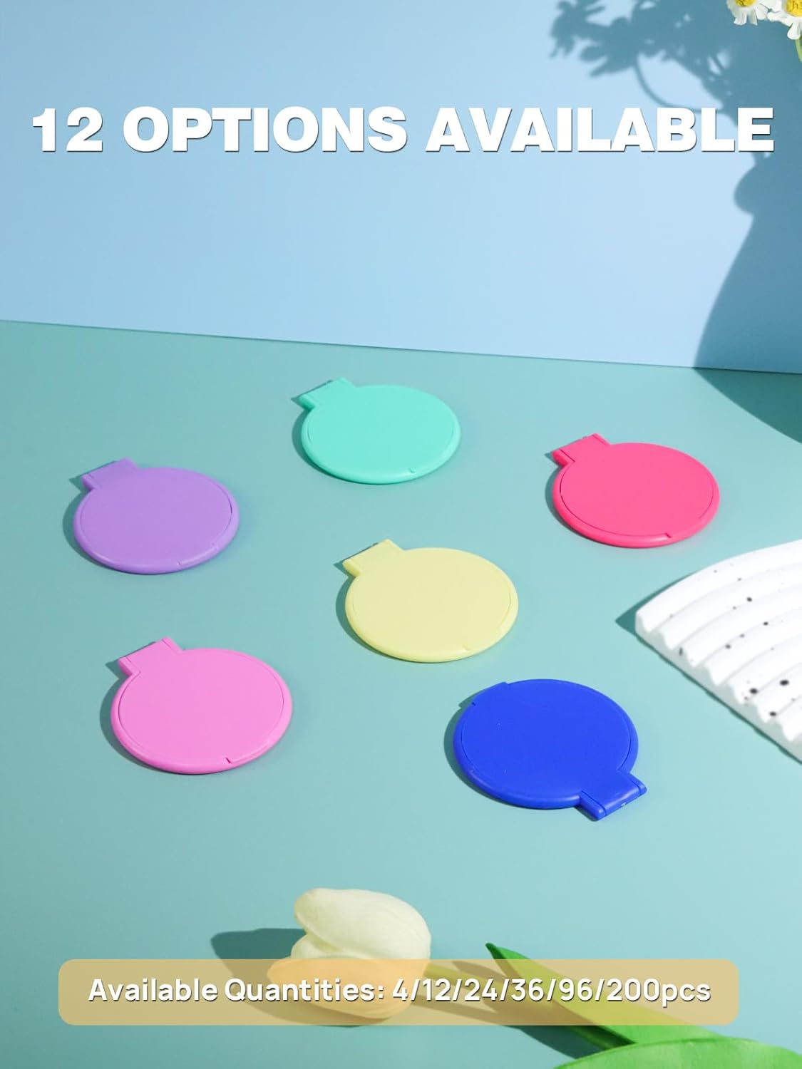 compact mirrors in different colors with "12 options available" written above
