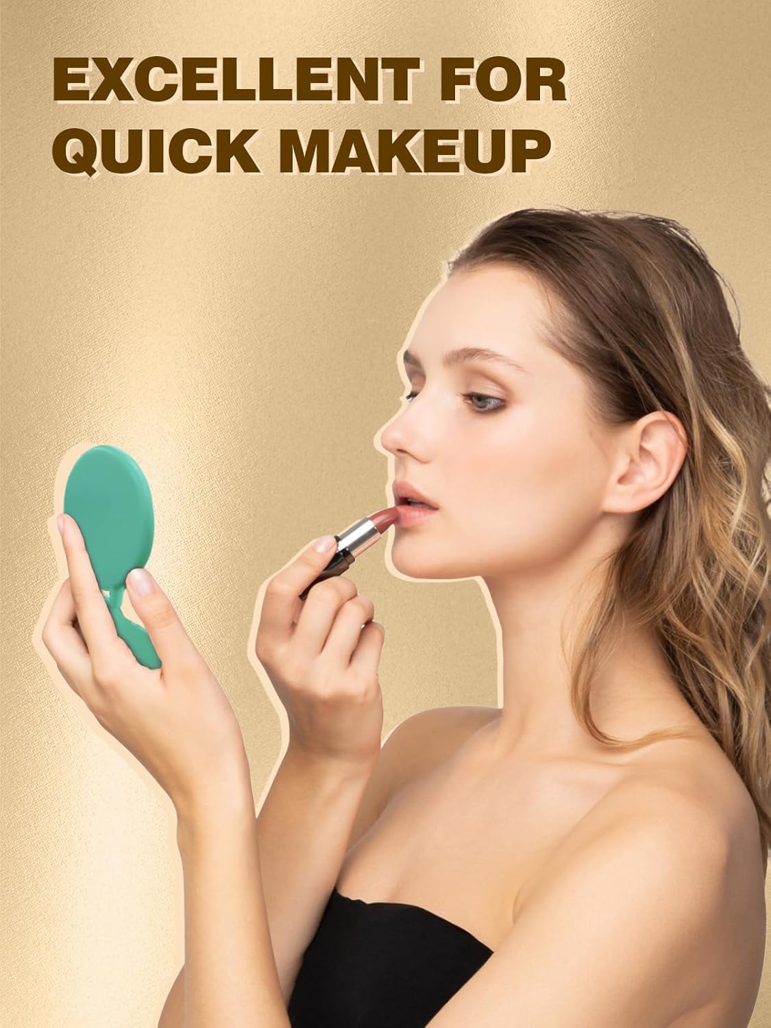 woman applying a lipstick while holding a green makeup round mirror