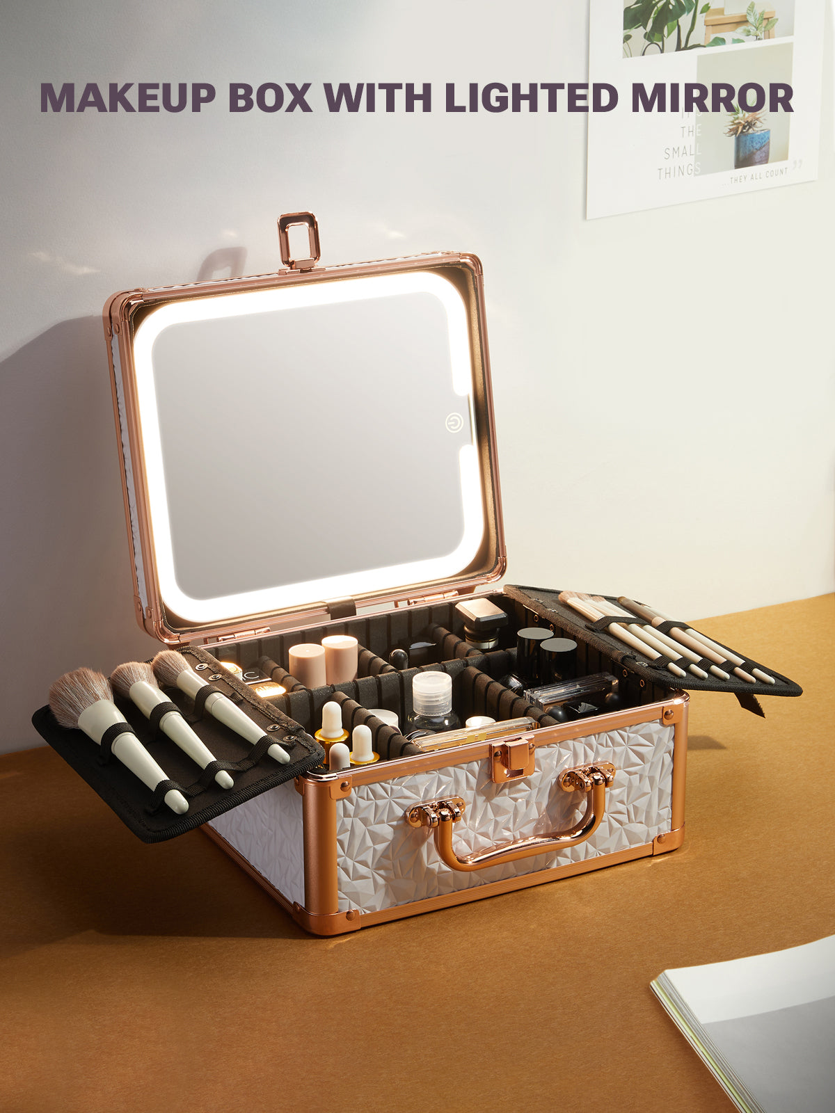 open-lid white makeup box on a brown surface with cosmetic products inside the box