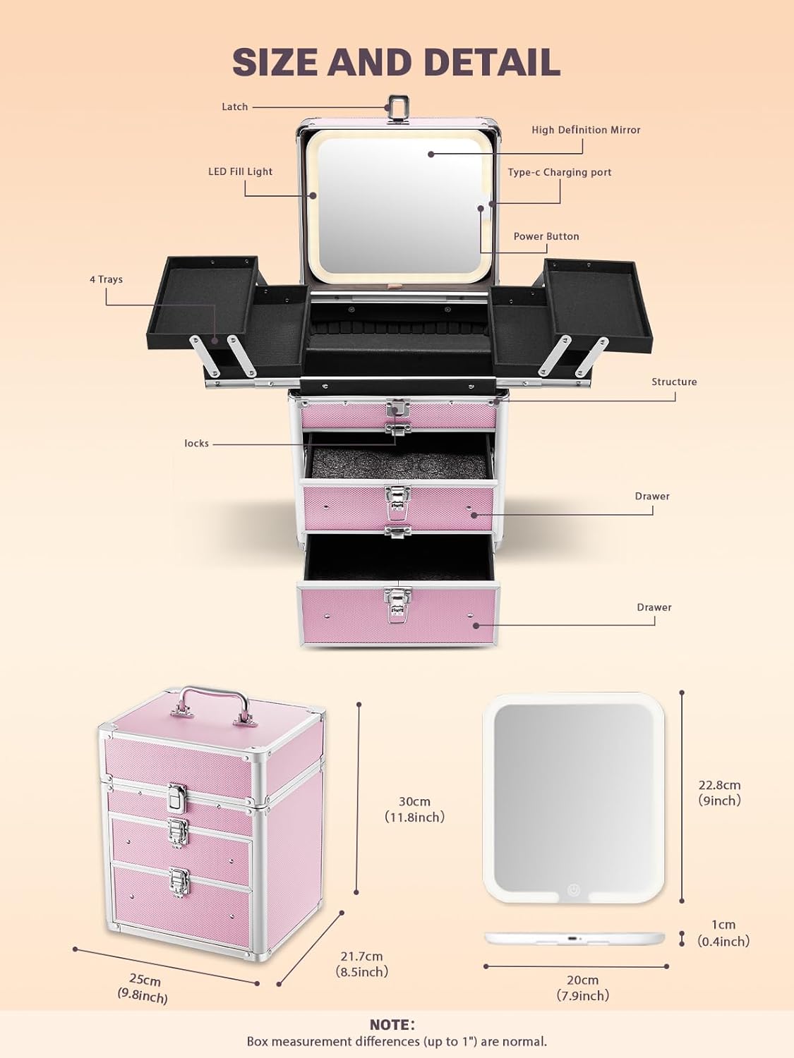 Makeup storage case with labeled parts and dimensions on a beige background