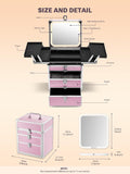 Makeup storage case with labeled parts and dimensions on a beige background