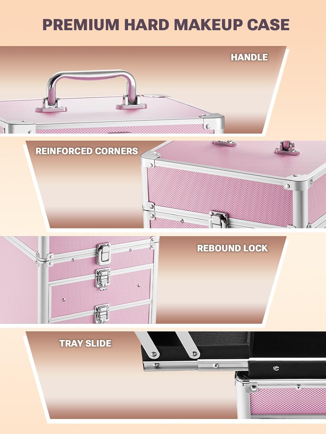 Pink makeup case with features highlighted on a beige background