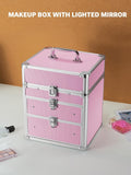 Pink makeup box with lighted mirror on a white surface with a brown background