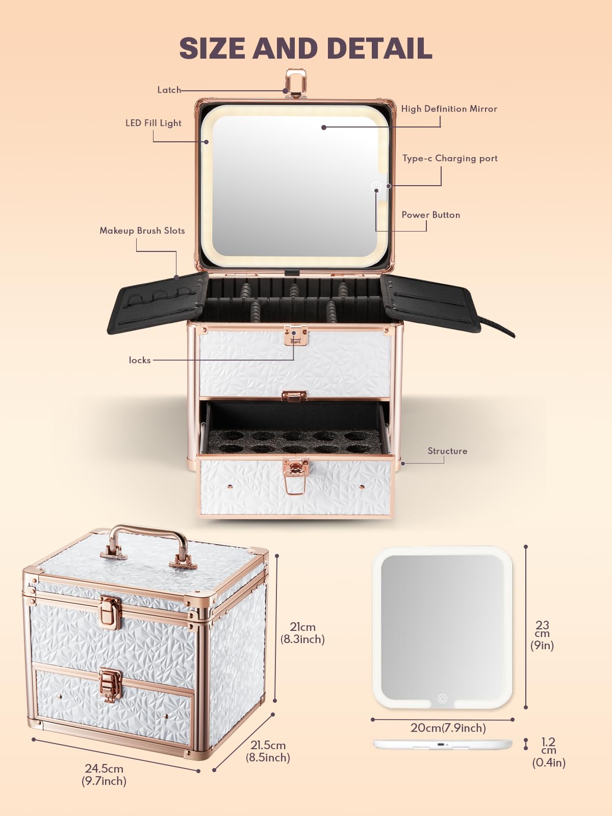 white makeup box with different features including a detachable LED mirror, brush slots, and dividers. The dimension for the box and the mirror are included