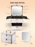 white makeup box with different features including a detachable LED mirror, brush slots, and dividers. The dimension for the box and the mirror are included