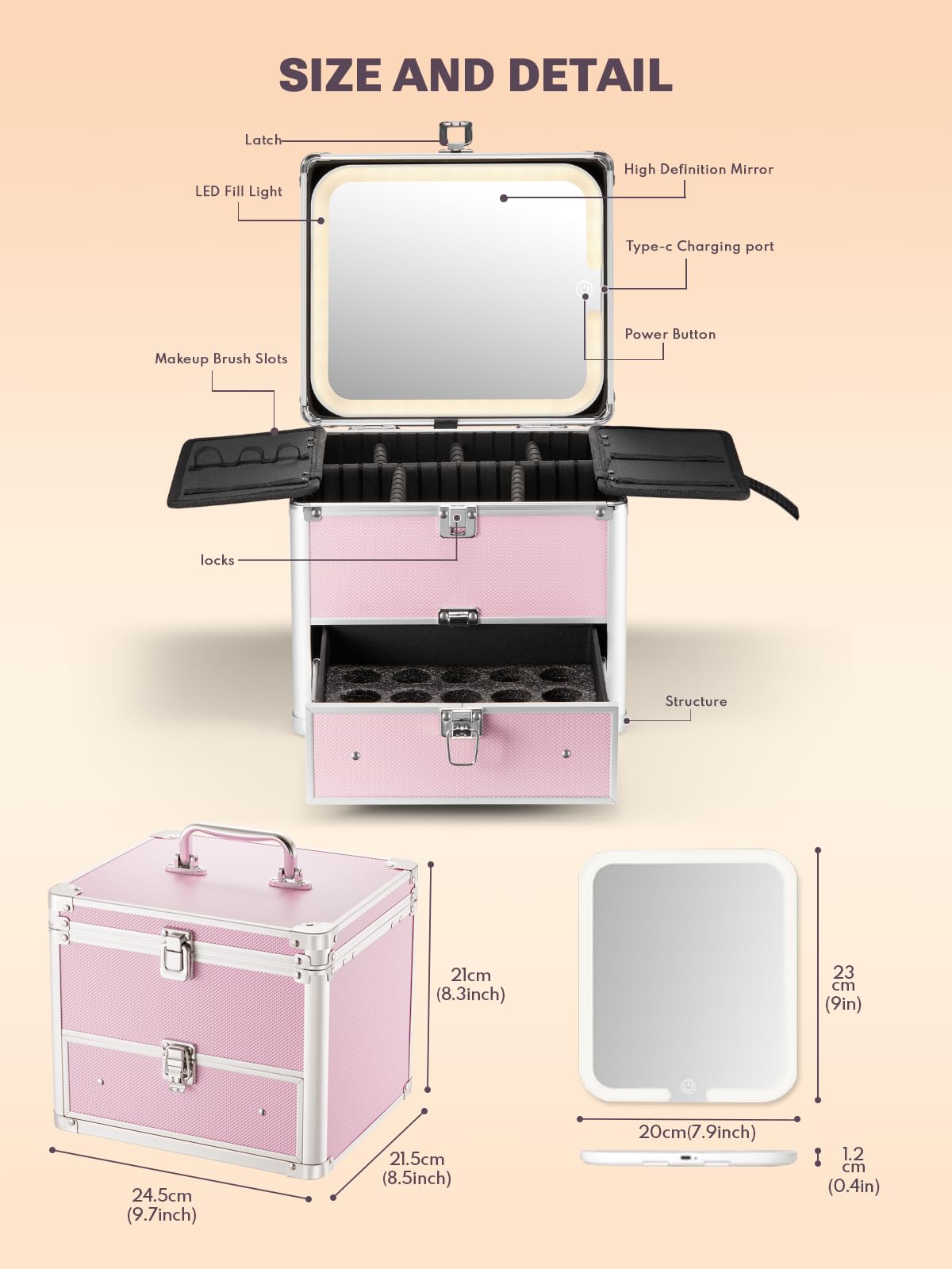 pink makeup box with different features including a detachable LED mirror, brush slots, and dividers. The dimension for the box and the mirror are included