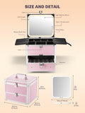 pink makeup box with different features including a detachable LED mirror, brush slots, and dividers. The dimension for the box and the mirror are included