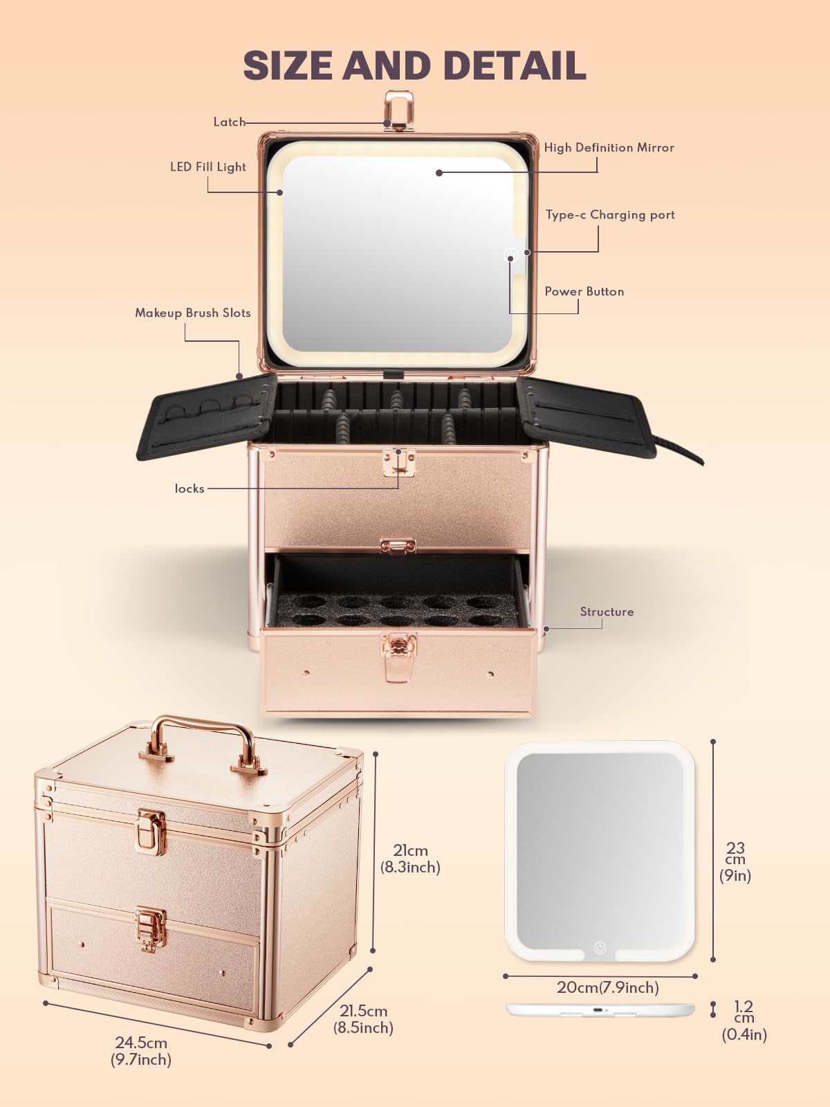 rose gold makeup box with adjustable sponge divider and detachable LED fill light, and brush slots. The dimensions of the makeup box and the mirror are also shown