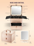 rose gold makeup box with adjustable sponge divider and detachable LED fill light, and brush slots. The dimensions of the makeup box and the mirror are also shown