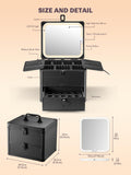 black makeup box with LED mirror, adjustable sponge dividers, and brush slots. The dimensions of the makeup box and the mirror are also shown