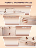 premium hard makeup case with handle, sturdy structure, rebound lock, and reinforced corners