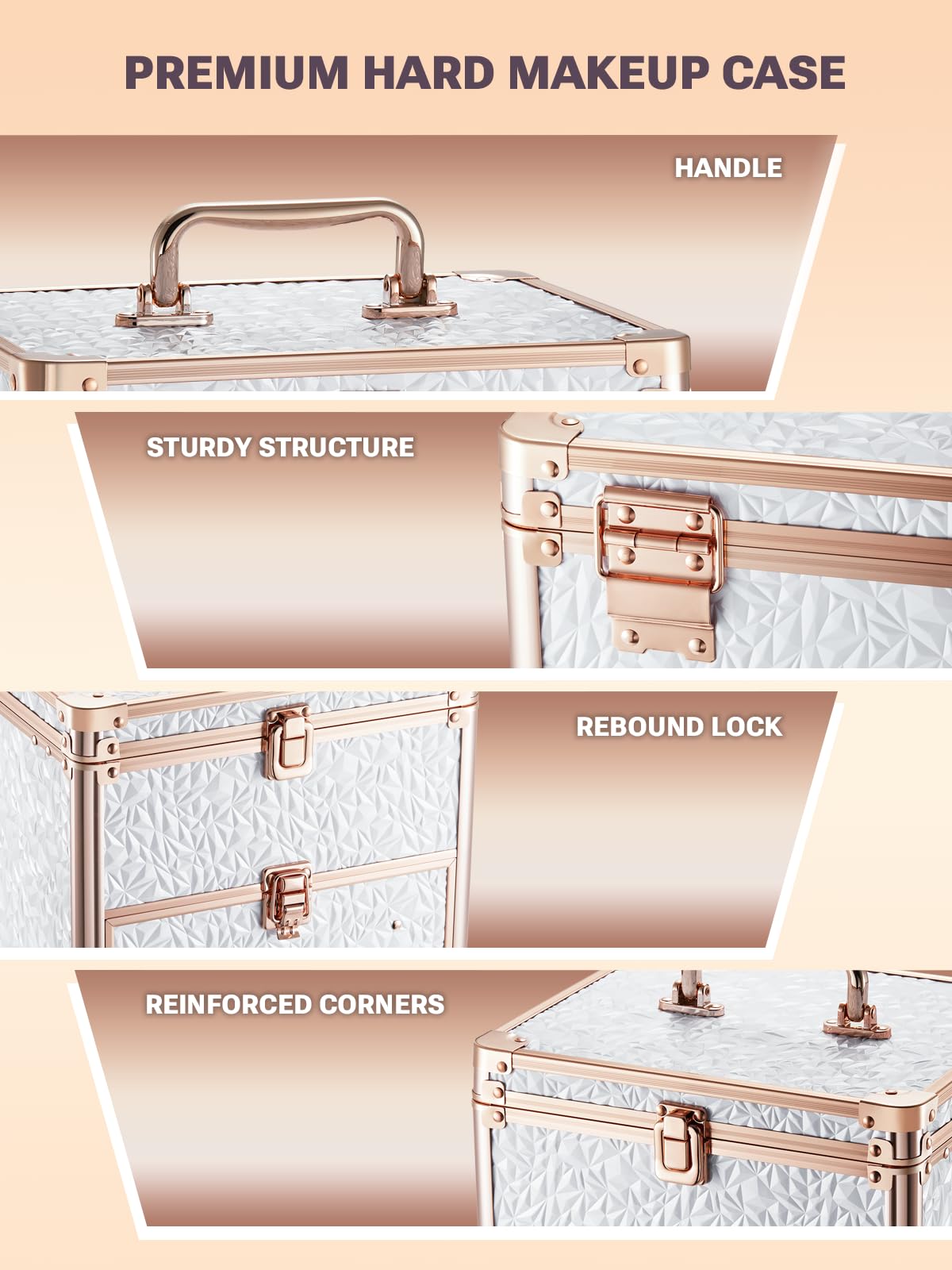 premium hard makeup case with handle, sturdy structure, rebound lock, and reinforced corners