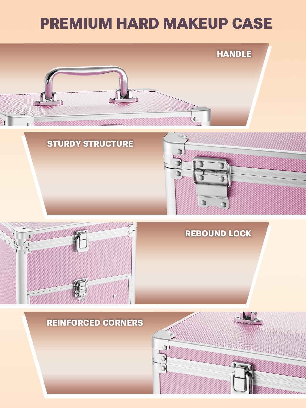 premium hard makeup case with handle, sturdy structure, rebound lock, and reinforced corners