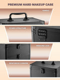 premium hard makeup case with handle, sturdy structure, rebound lock, and reinforced corners