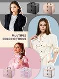 Collage of women with cosmetic bags and text 'Multiple Color Options' on a gray background.
