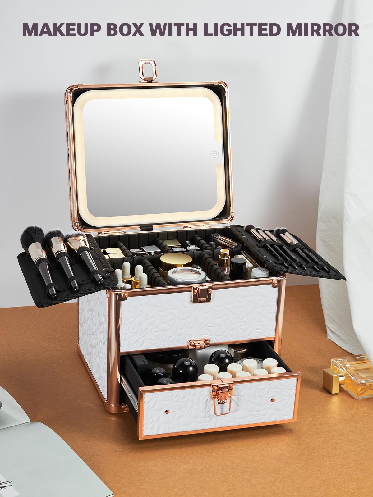 open makeup box with LED mirror, drawer, and cosmetic stuff inside the storage area