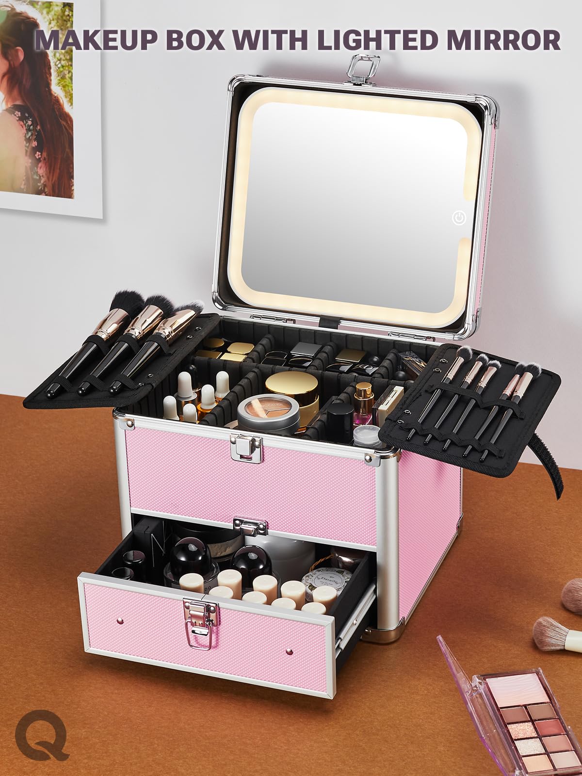 makeup box with lighted mirror on a brown surface and white background. A lot of cosmetic items are inside the storage box