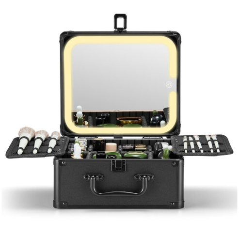 Portable black LED makeup box with detachable mirror and adjustable dividers for travel on a white surface