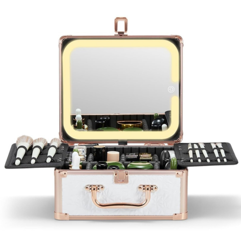 A makeup box with a detachable lighted mirror, featuring multiple compartments with adjustable dividers, and a brush board. The exterior is white with a gold-colored frame and handles.