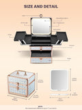 Detailed diagram of a makeup box with labeled parts and measurements on a beige background.